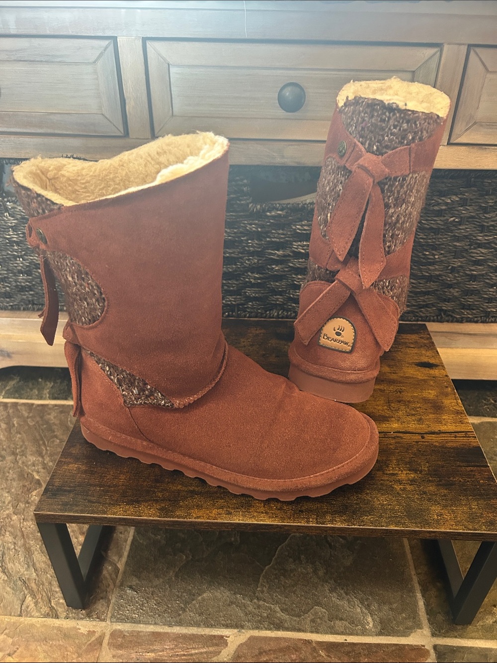 BearPaw Willow Women’s Suede Knit-Back with Tie Details Shearling Boots, Size 8